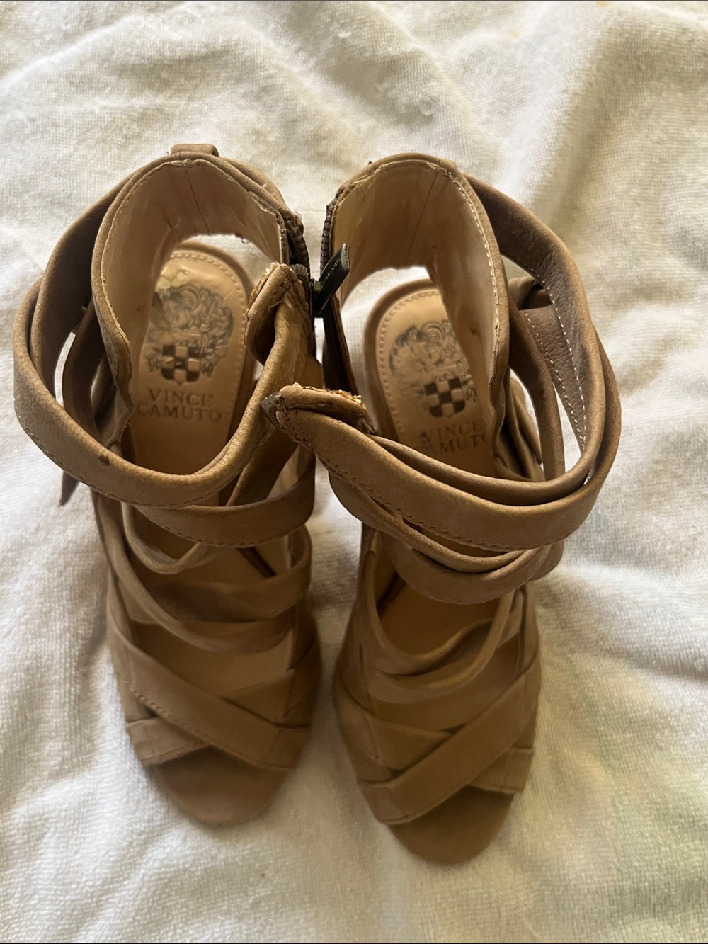 Vince Camuto Cognac Strappy Wrap-Heel Sandals